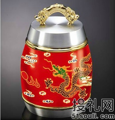 纯锡茶叶罐 五彩云龙金色红瓷茶叶罐