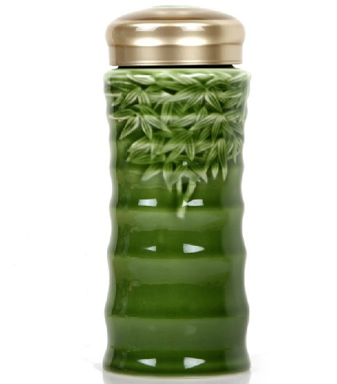 乾唐轩活瓷杯 绿釉竹节双层随身杯